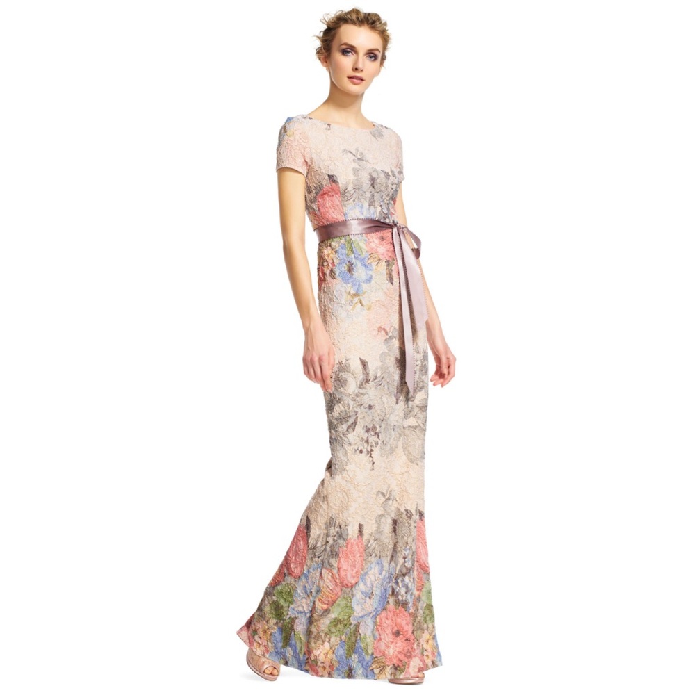 Adrianna Papell Maxi Floral Matelasse Gown Dress